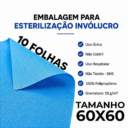 10 Embalagem Sms 60x60 50 Gramas Involucro P/Esterilização