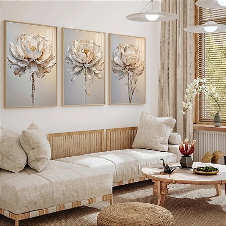 Quadro Flores Branca e Dourada 3D