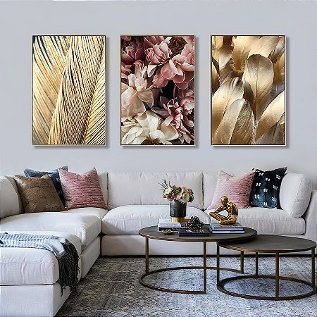 Quadro Penas Douradas e Flores Rosé