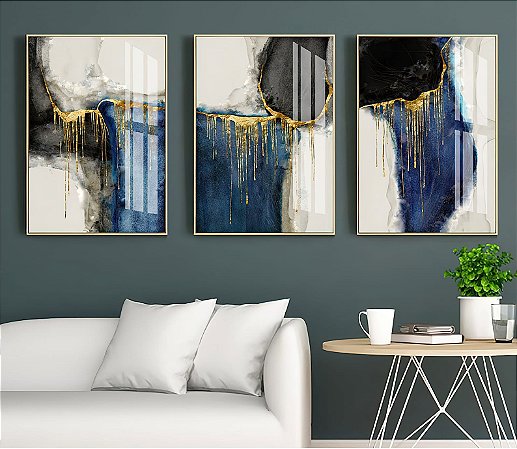 Quadro Arte abstrata Tons Azul, preto e dourado