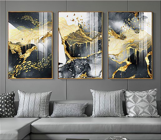 Quadro Arte Abstrata Moderna Preto, Branco com Dourado