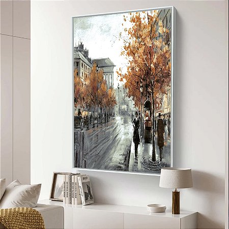 Quadro Sazonal Cidade no Outono Aquarela