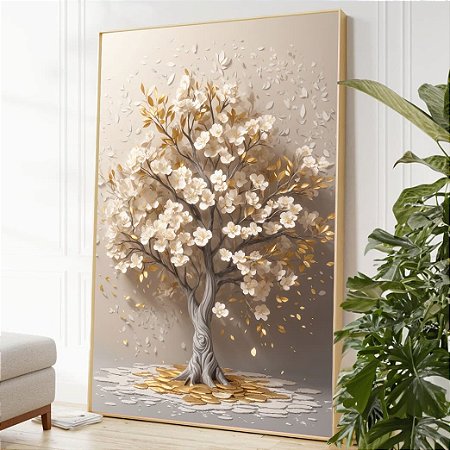 Quadro de Arvore Abstrata com Flores Brancas