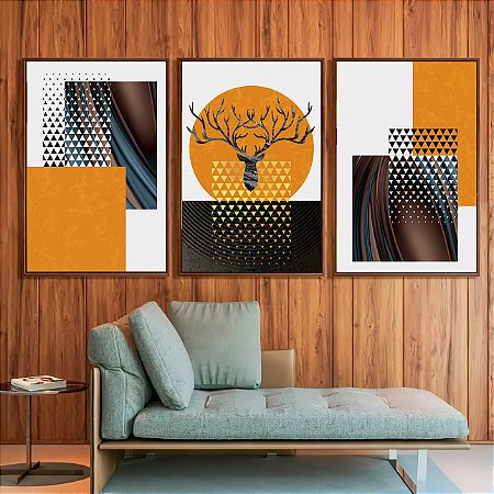 Quadro Cervo Abstrato com Cores Preto Branco e Laranja