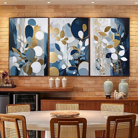 Quadro Arte Folhas Douradas com Fundo Abstrato Azul