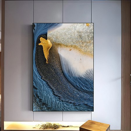 Quadro Onda Abstrata Azul e Dourado com Textura Fluida