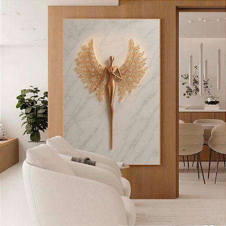 Quadro Escultura Angelical Dourada em Fundo de Mármore