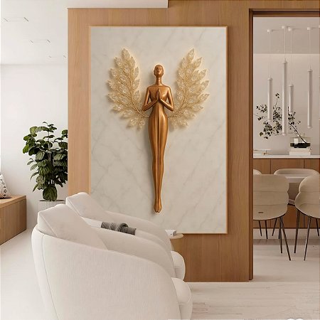 Quadro Anjo da Serenidade Dourada com Fundo em Mármore