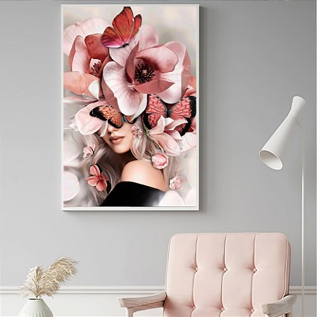 Quadro Retrato Feminino com Cabeça Floral em Tons de Rosa