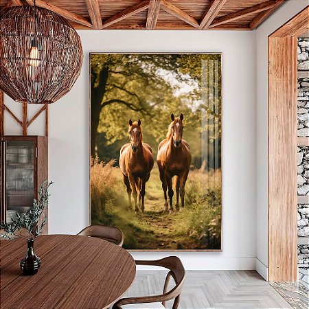 Quadro Dupla de Cavalos Correndo em Bosque