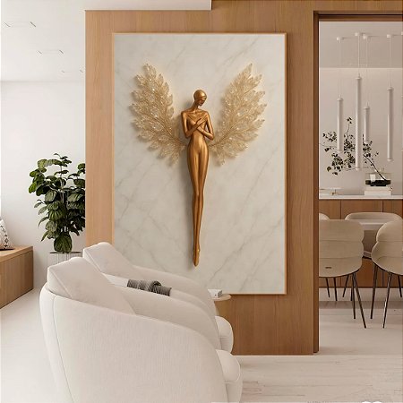 Quadro Anjo Dourado Alado com Fundo em Mármore