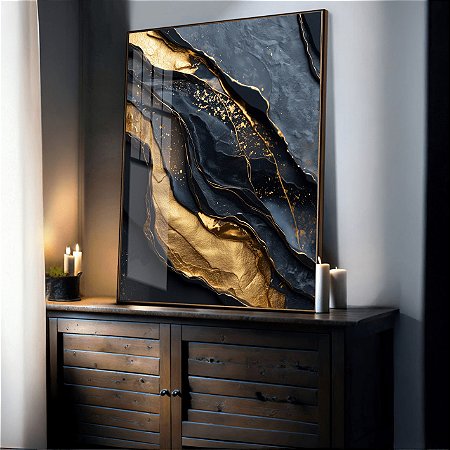 Quadro Marmore Abstrato Preto e Dourado