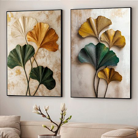 Quadro Composição Floral em Tons de Dourado, Verde e Branco