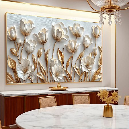 Quadro Jardim Pincelado com Flores Douradas