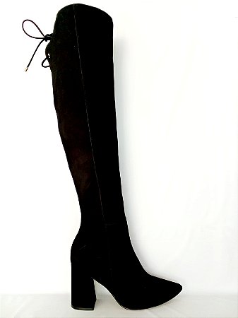 Bota preta couro nobuck over the knee