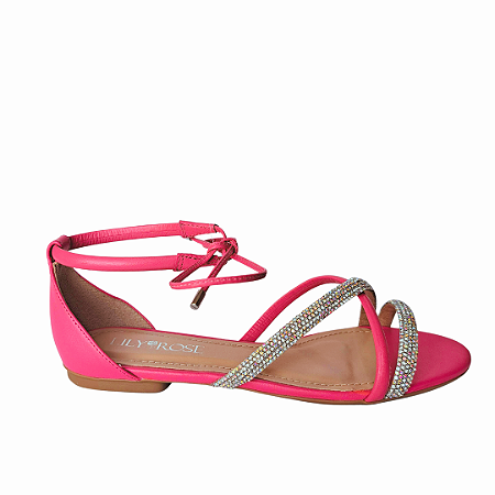 Sandália rasteira rosa magenta couro tiras strass