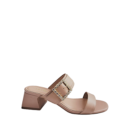 Sandália Creme Salto Bloco Fivela Strass