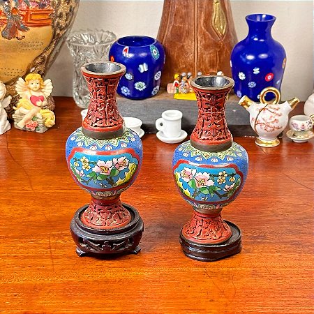 Par de antigos vasos orientais Cloisonné