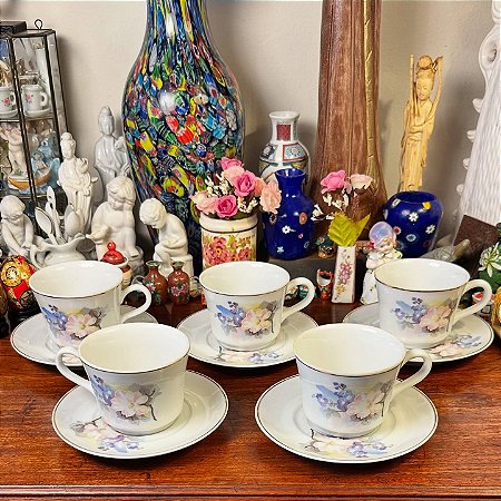Conjunto 5 xícaras de chá, porcelana Germer.