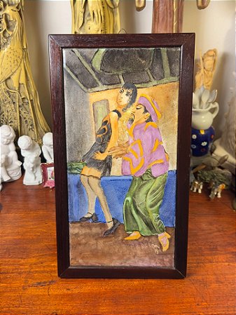 Quadro pintado à mão sobre azulejo.