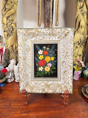 Quadro Floral em Óleo com Moldura de Madeira