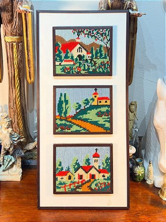 Quadro Triplo de Paisagens em Tapeçaria.