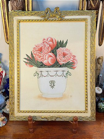 QUADRO ANTIGO VASO DE PEÔNIAS.