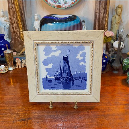 Quadro com Azulejo Holandês - Cena Náutica em Azul de Delft.