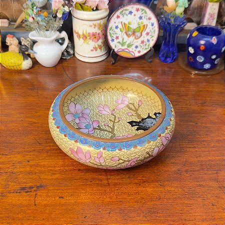 Médio Centro de Mesa Chinês Cloisonné Esmaltado Flores e Pássaros