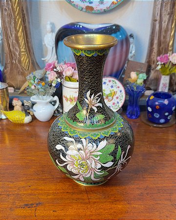 Vaso Bojudo Oriental em Metal Cloisonné