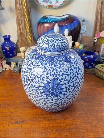 Antigo Pote Ginger Jar em Porcelana Chinesa Azul e Branco