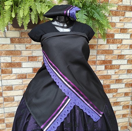 Conjunto pano de cabeça + Pano da costa preto/roxo