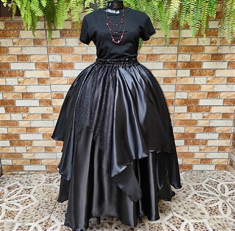 Saia lenços tule preto/glitter prata e cetim preto
