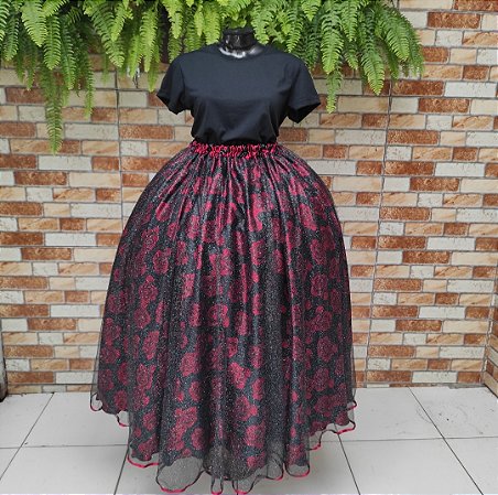 Saia tule/glitter preto com forro preto estampado