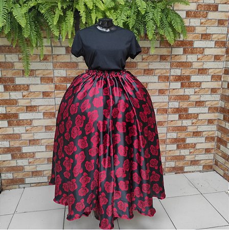 Saia cetim estampado rosas vermelhas