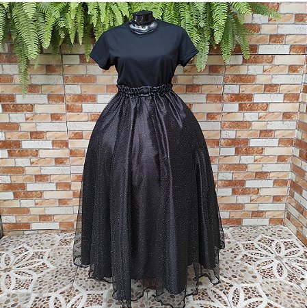 Saia tule preto/glitter dourado com forro preto