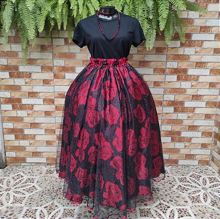 Saia tule/glitter preto com forro estampado