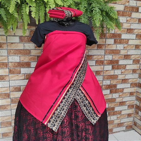 Conjunto pano de cabeça + pano da costa vermelho/preto/dourado