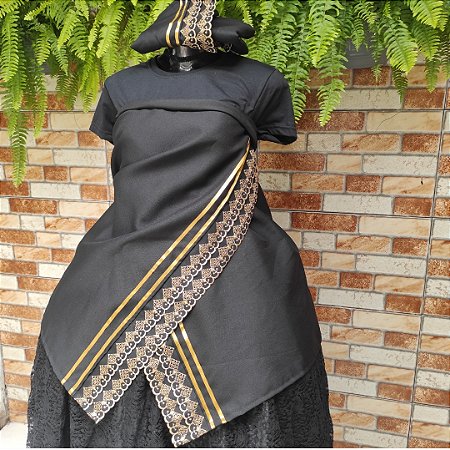 Conjunto pano de cabeça + pano da costa preto/dourado