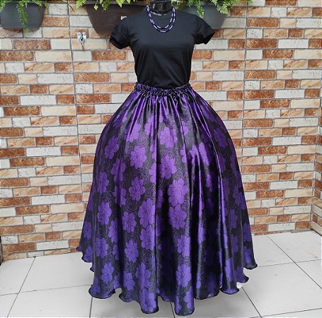 Saia cetim estampado preta e roxa