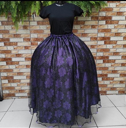 Saia tule/glitter preto com forro preto/roxo