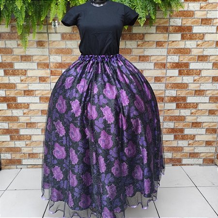 Saia tule/glitter preto com forro preto estampado lilás/roxo