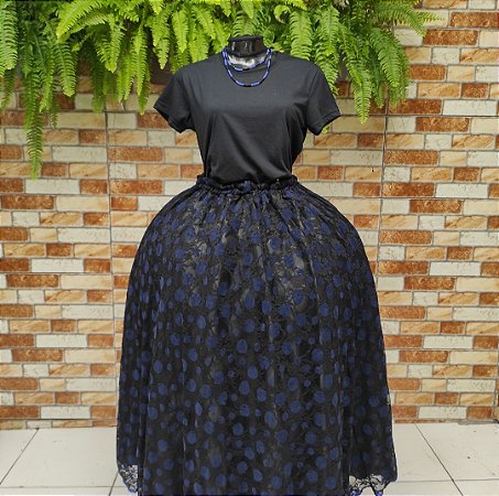 Saia de renda preta com detalhes azul