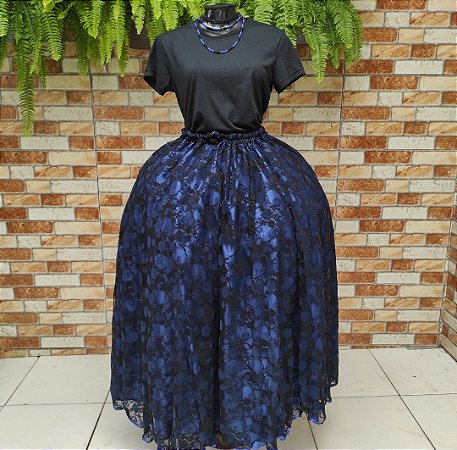 Saia de renda preta com forro azul