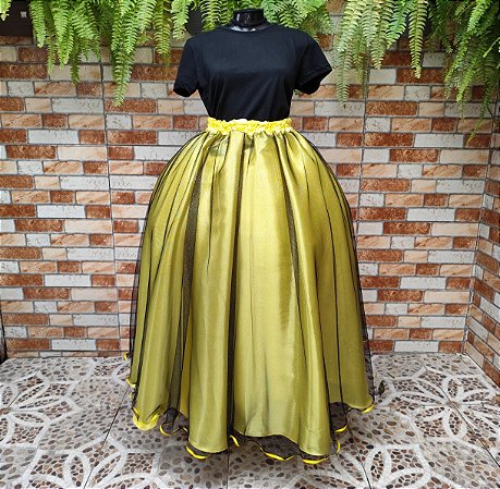 Saia tule/glitter preta com forro amarelo