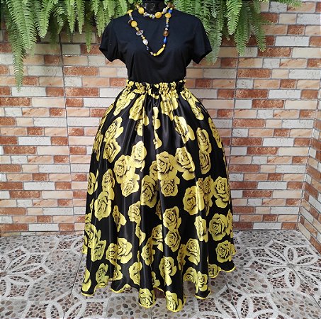 Saia cetim estampado preta/amarela