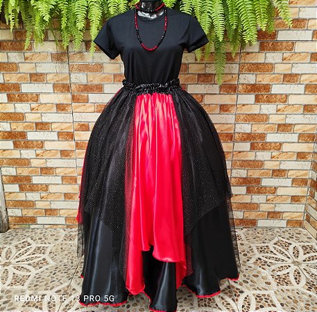 Saia lenços tule/glitter dourado com vermelho