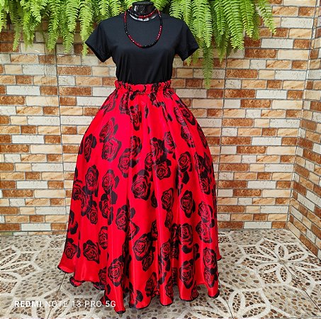 Saia cetim estampado vermelho/preto