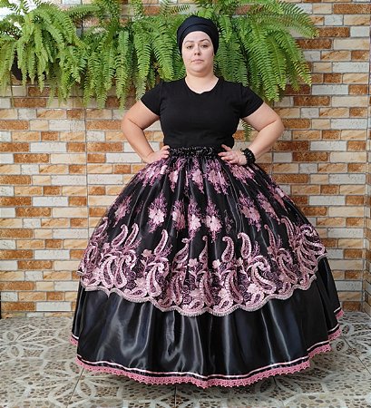 Saia de tule bordado preto/rosa com forro preto