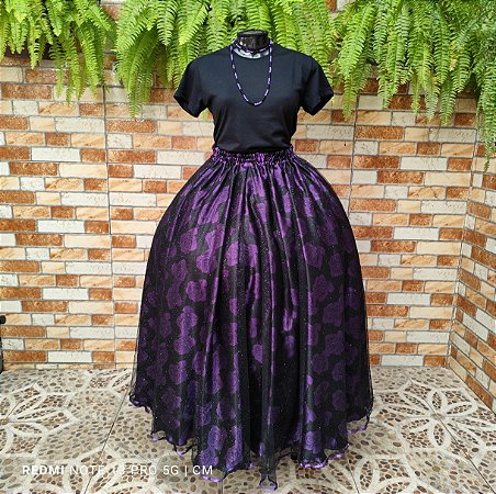 Saia tule/glitter com forro estampado preto e roxo